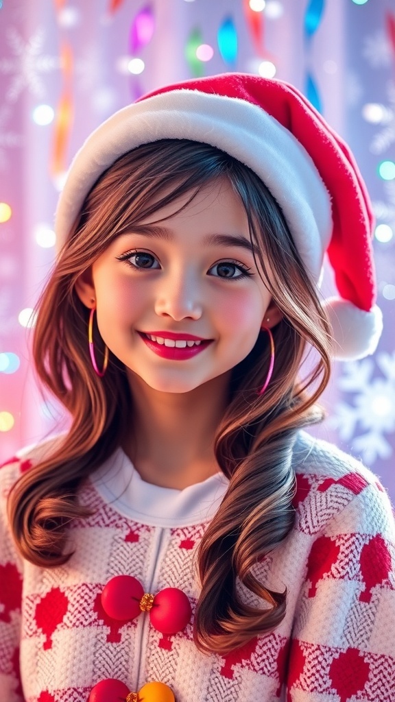 A girl with colorful accessories and a Santa hat in a Y2K-inspired Christmas setting.
